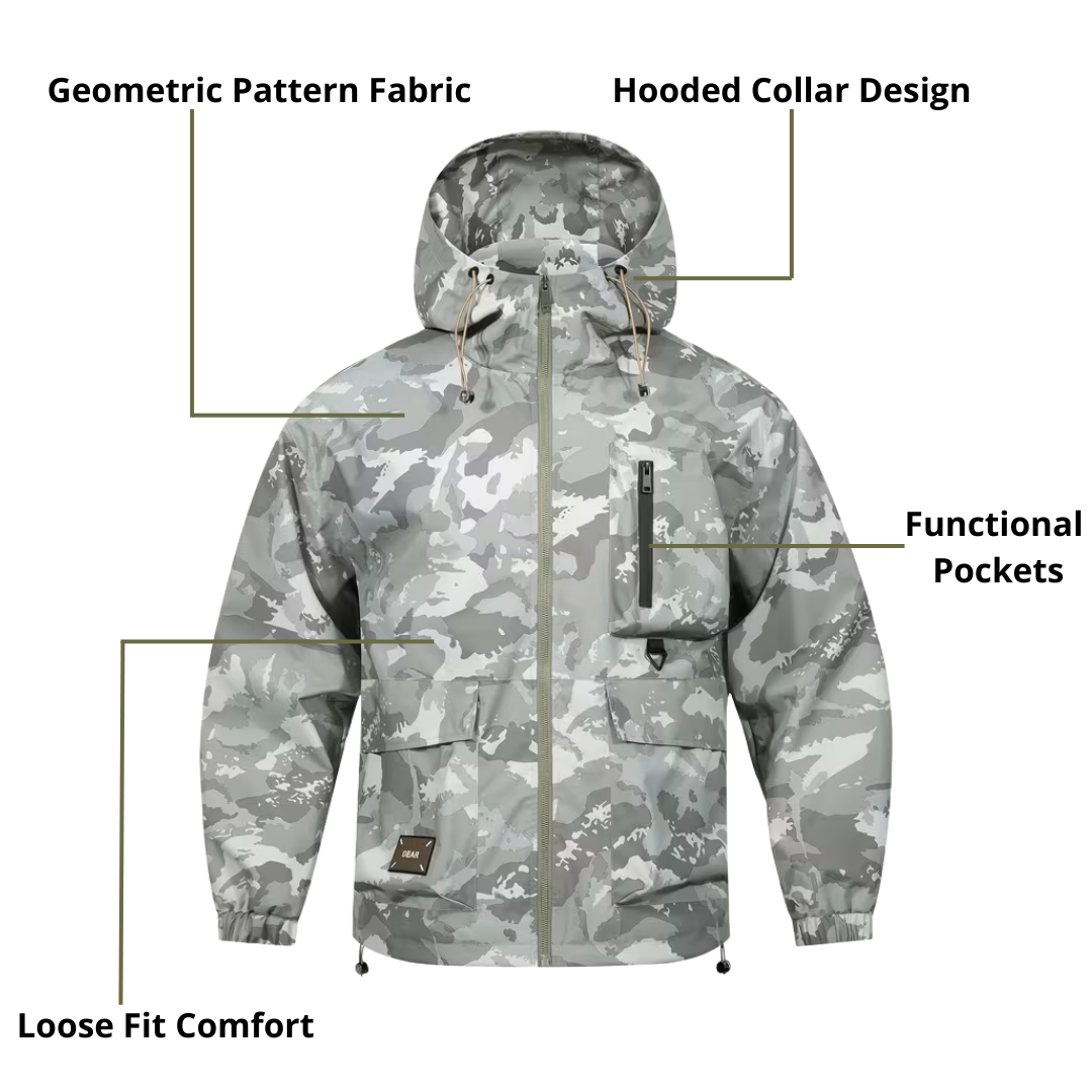 Men’s Tactical Hooded Jacket – Lightweight, Loose Fit & Geometric Camouflage