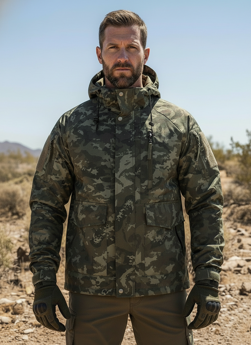 Men’s Tactical Hooded Jacket – Lightweight, Loose Fit & Geometric Camouflage