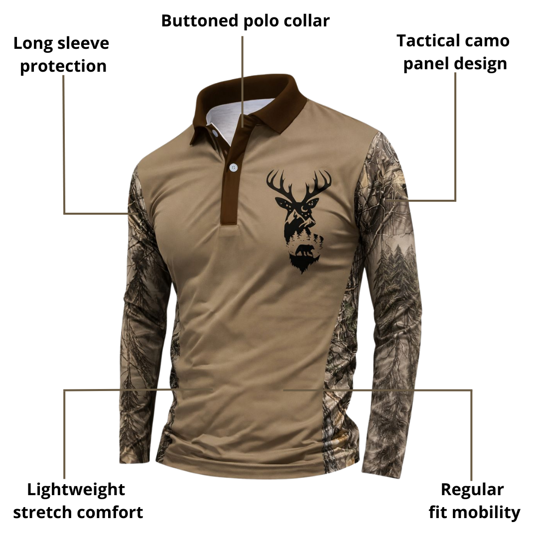 Men’s Tactical Long Sleeve Polo Shirt – Camo Panels & Active Comfort