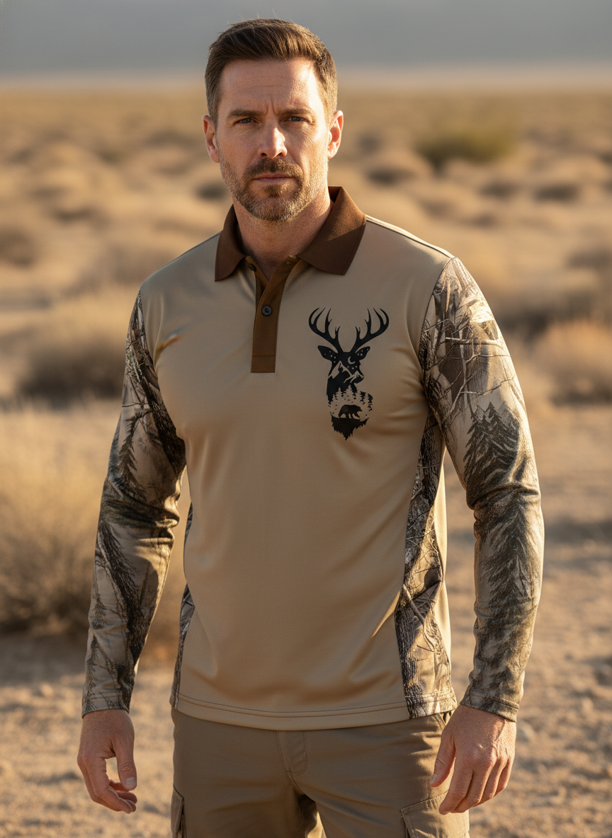Men’s Tactical Long Sleeve Polo Shirt – Camo Panels & Active Comfort