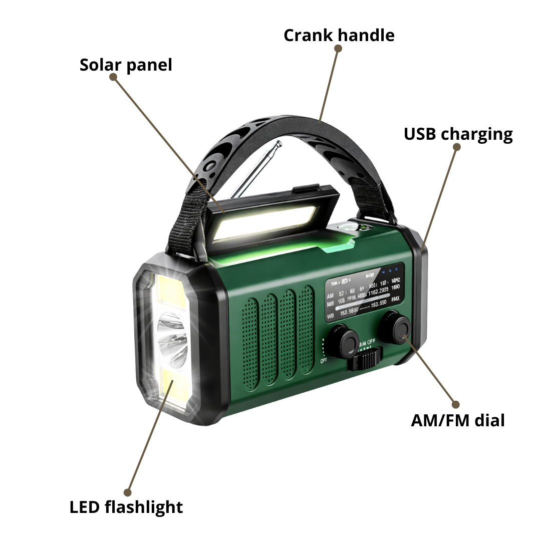 Emergency Crank Radio – Solar Power & LED Flashlight with USB + SOS