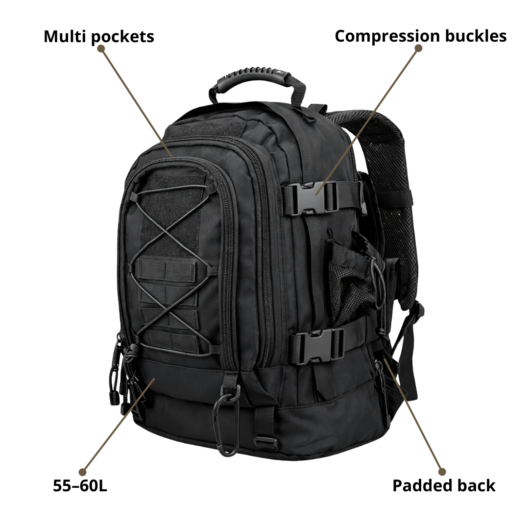 Outdoor Backpack – 55–60L Storage & Rugged Carry Comfort